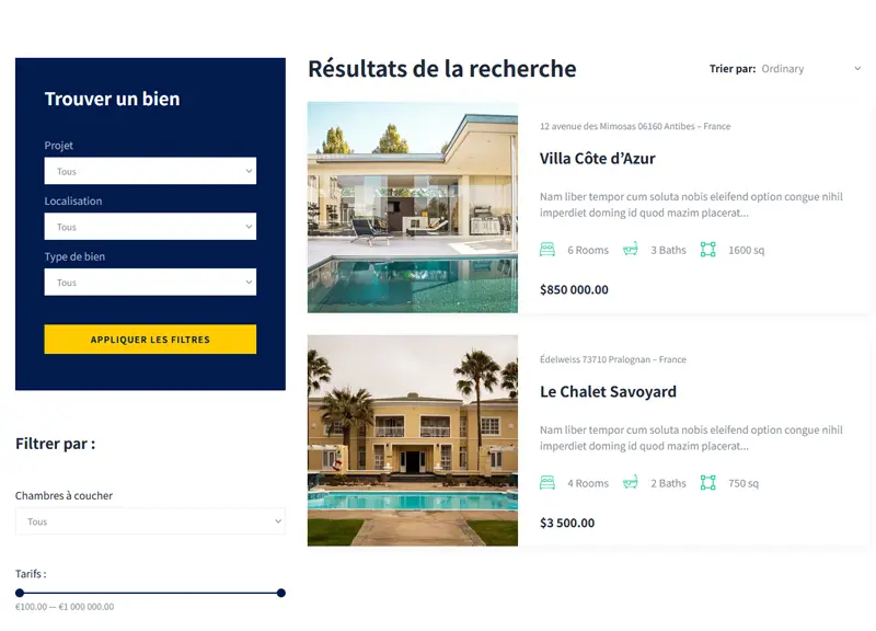 Recherche et filtres avancés Immoblier